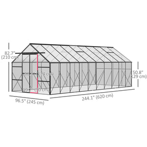 Greenhouse with adjustable roof ventilation, gutter and sliding door