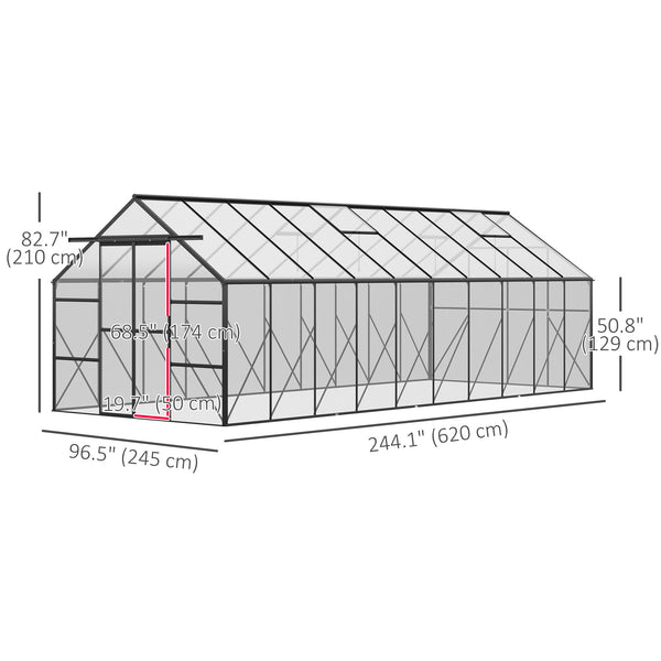 Greenhouse with adjustable roof ventilation, gutter and sliding door
