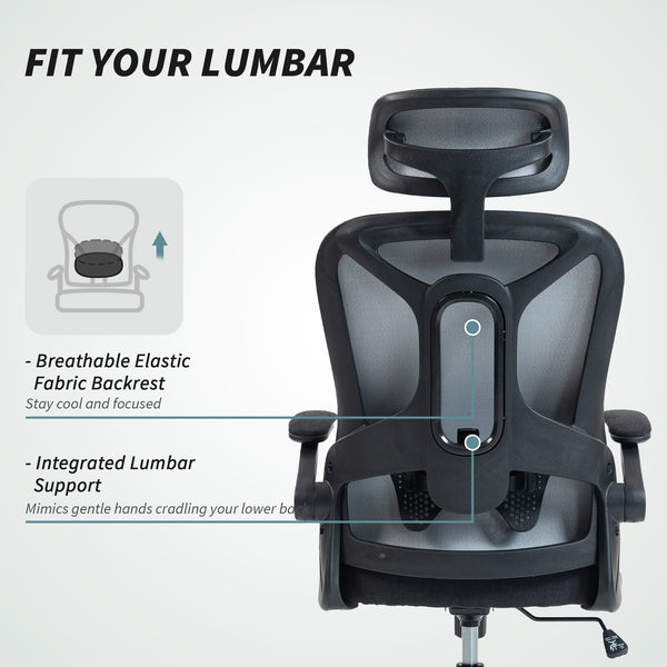 Ergonomic swivel office chair with lumbar support, adjustable headrest and height, flip-up armrests, black
