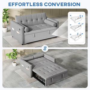 Futon two-seater trundle sofa bed in linen with USB ports, grey