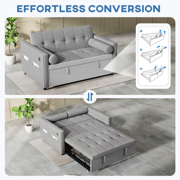 Futon two-seater trundle sofa bed in linen with USB ports, grey