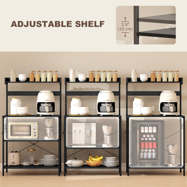 Kitchen shelf with electrical outlet, coffee corner with adjustable shelves and hooks, aged black