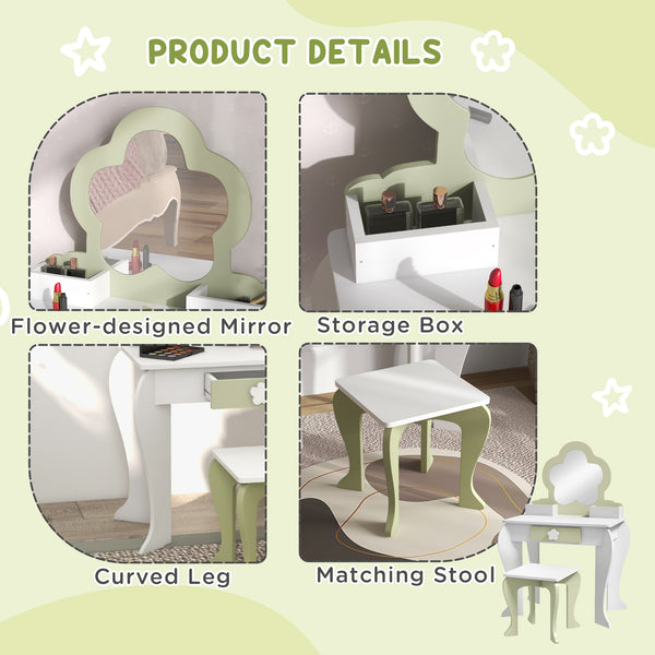 Coiffeuse avec tabouret, miroir, tiroir et boîtes de rangement, blanc