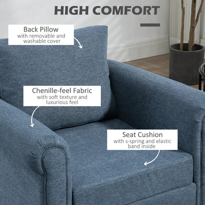 Fauteuil d'appoint rembourré avec accoudoirs roulés, pieds en bois d'hévéa en forme de gourde, bleu foncé