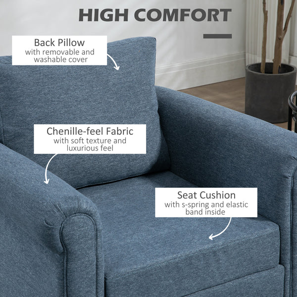 Fauteuil d'appoint rembourré avec accoudoirs roulés et pieds en bois d'hévéa, bleu foncé