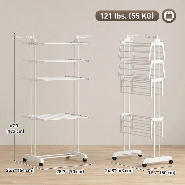 Séchoir à linge pliable à 5 niveaux sur roulettes, blanc
