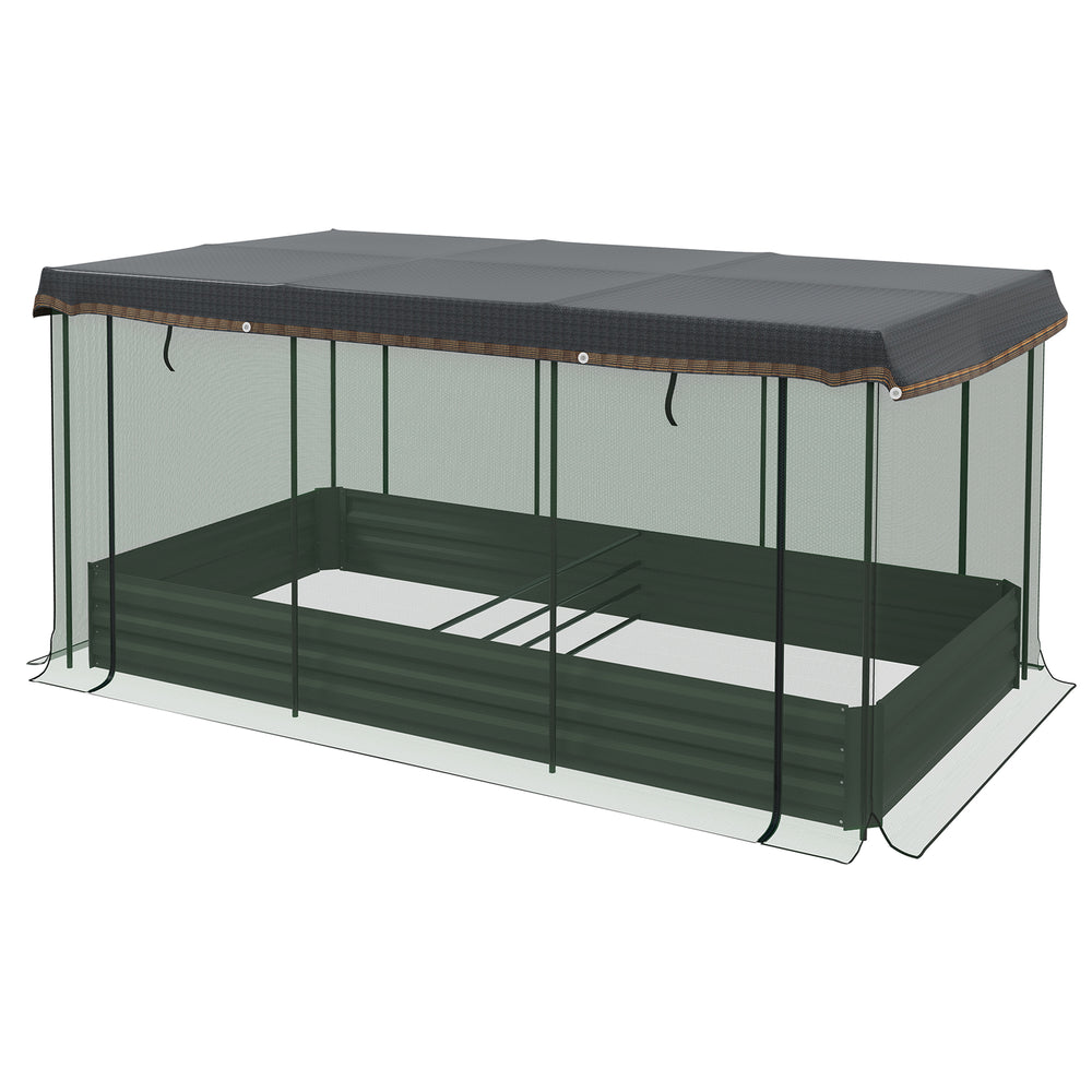 Raised galvanized steel planter with growing cage and shade cloth