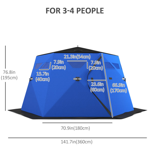 Insulated ice fishing shelter for 4 people, portable and foldable with carry bag and two doors, for temperatures down to -30°C, blue