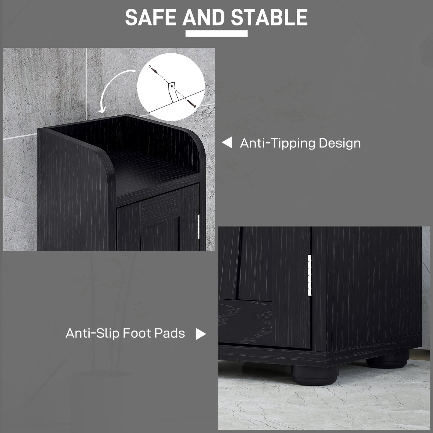 Narrow bathroom vanity with barn doors, drawer and adjustable shelves, black wood look