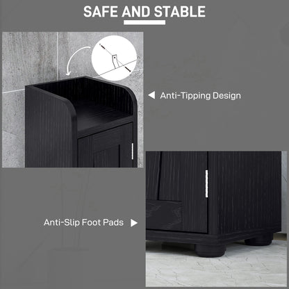 Narrow bathroom vanity with barn doors, drawer and adjustable shelves, black wood look