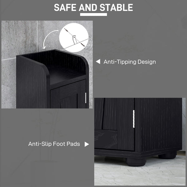 Meuble de salle de bain étroit avec portes de grange, tiroir et étagères réglables, aspect bois noir