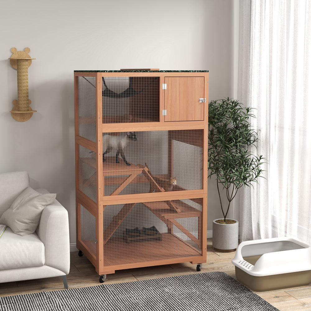 Enclos pour chats sur roulettes avec hamac et plusieurs plateformes de repos, beige