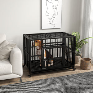 37" Heavy Duty Dog Crate, Foldable Dog Cage on Wheels with Double Locks, Removable Tray, Openable Top, Double Doors, Indoor Outdoor Use, for Small and Medium Dogs - Black