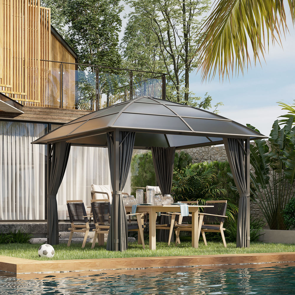 10' x 10' Hardtop Gazebo, Outdoor Gazebo Canopy with UV60+ Polycarbonate Roof, Curtains, Central Hook and Steel Frame for Garden, Lawn, Backyard, Deck, Dark Grey