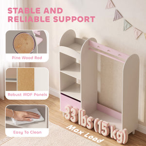Qaba Kids Clothing Rack, Kids Wardrobe with Light-Up Mirror, Non-Woven Drawer and Shelves for Bedroom, Ages 3-8, Pink