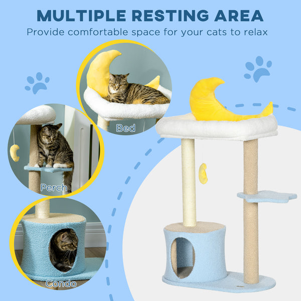 Cat tree with Teddy fleece bed, scratching post, hanging toy, star platform