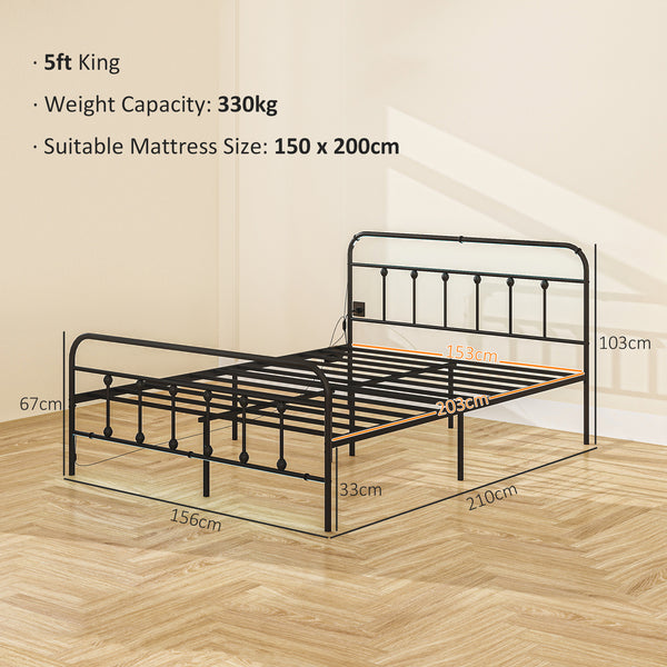 Cadre de lit Queen Size avec éclairage LED et station de charge, noir