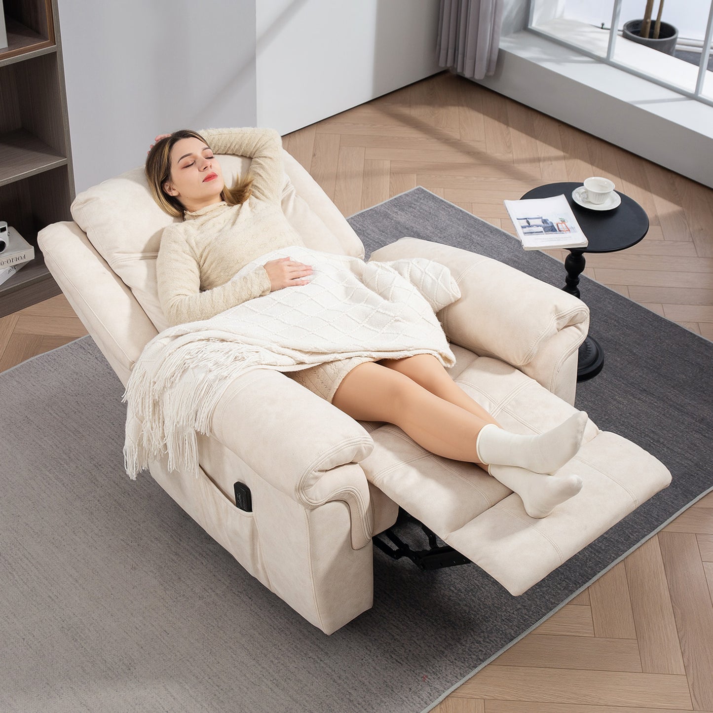 Recliner Chair with Vibration Massage, Microfiber Side Pockets for Living Room, Cream White