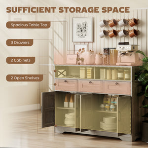 Buffet avec 4 portes coulissantes de style grange et 3 tiroirs, meuble bar à café avec étagères réglables, gris