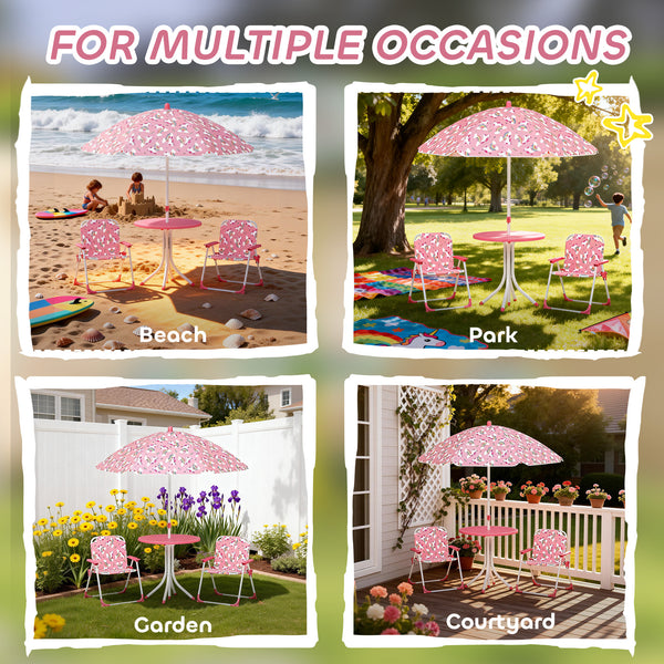 Qaba Kids Picnic Table, Kids Table and Chair Set with 2 Folding Chairs and Umbrella for Backyard, Garden, Patio, Pink