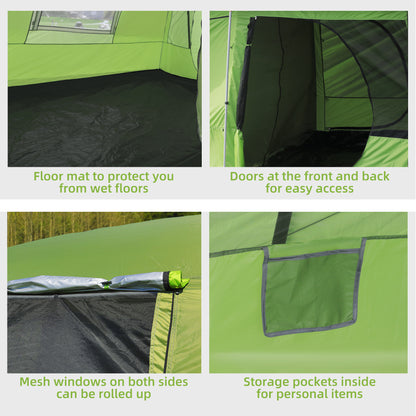 Outsunny Tunnel Tent with Porch, Two Rooms, Lamp Hook, Portable Carry Bag, Green