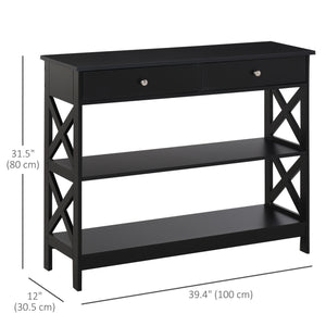 Console Table with Storage Shelves, Drawers and X-Frame, Black