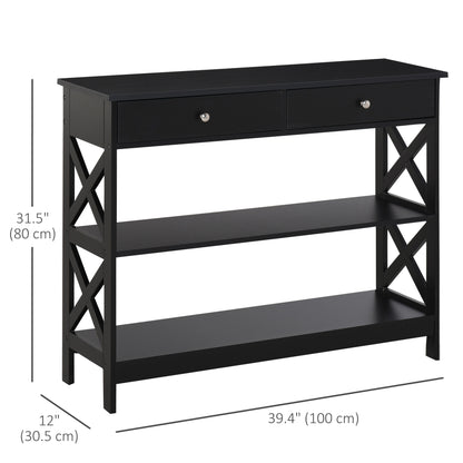 Console d'appoint avec Étagères de Rangement tiroirs et cadre en X, Noir
