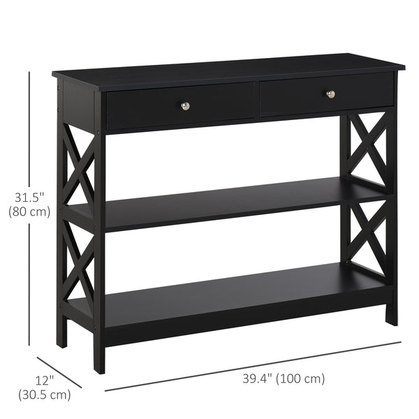 Console Table with Storage Shelves, Drawers and X-Frame, Black