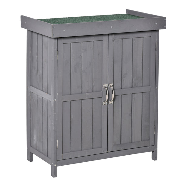 Wooden garden shed with hinged roof, 2-tier shelves and double door