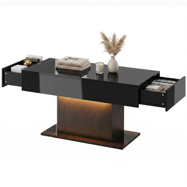 LED Coffee Table with Storage, High Gloss Modern Centre Table with 2 Drawers and Remote Control for Living Room, Black