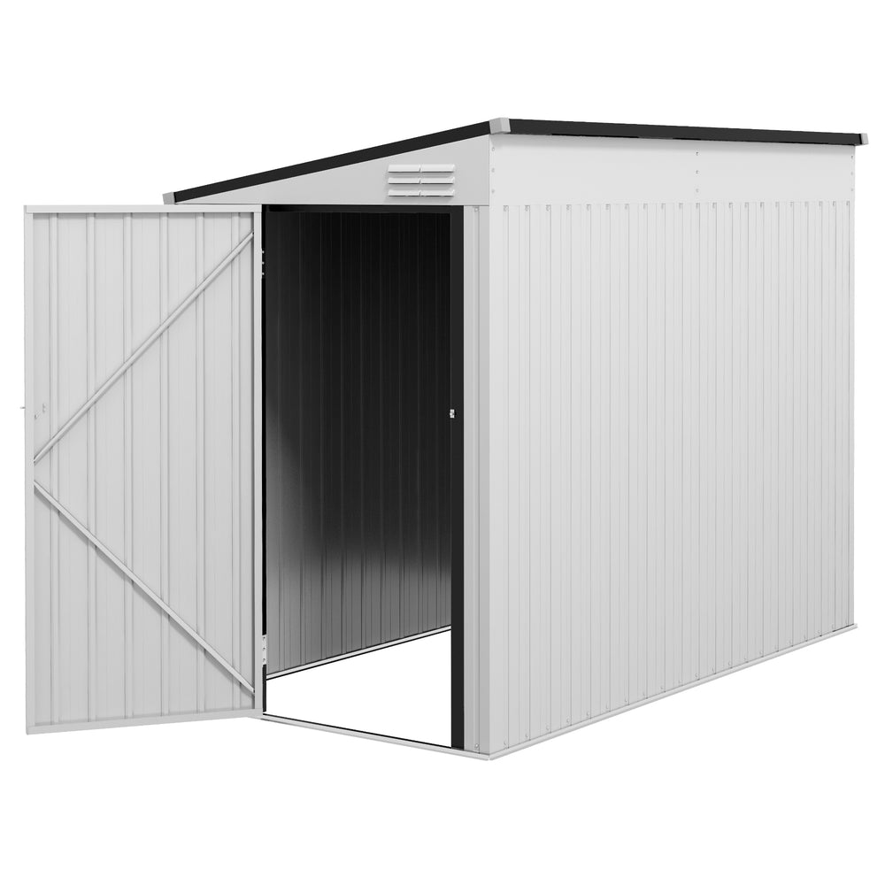 Lean-to metal garden shed with lockable door and ventilation, white