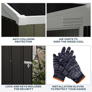 Abri de jardin adossé en métal avec porte verrouillable et aérations, gris foncé