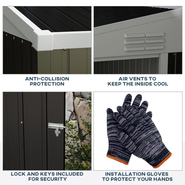 Abri de jardin adossé en métal avec porte verrouillable et aérations, gris foncé