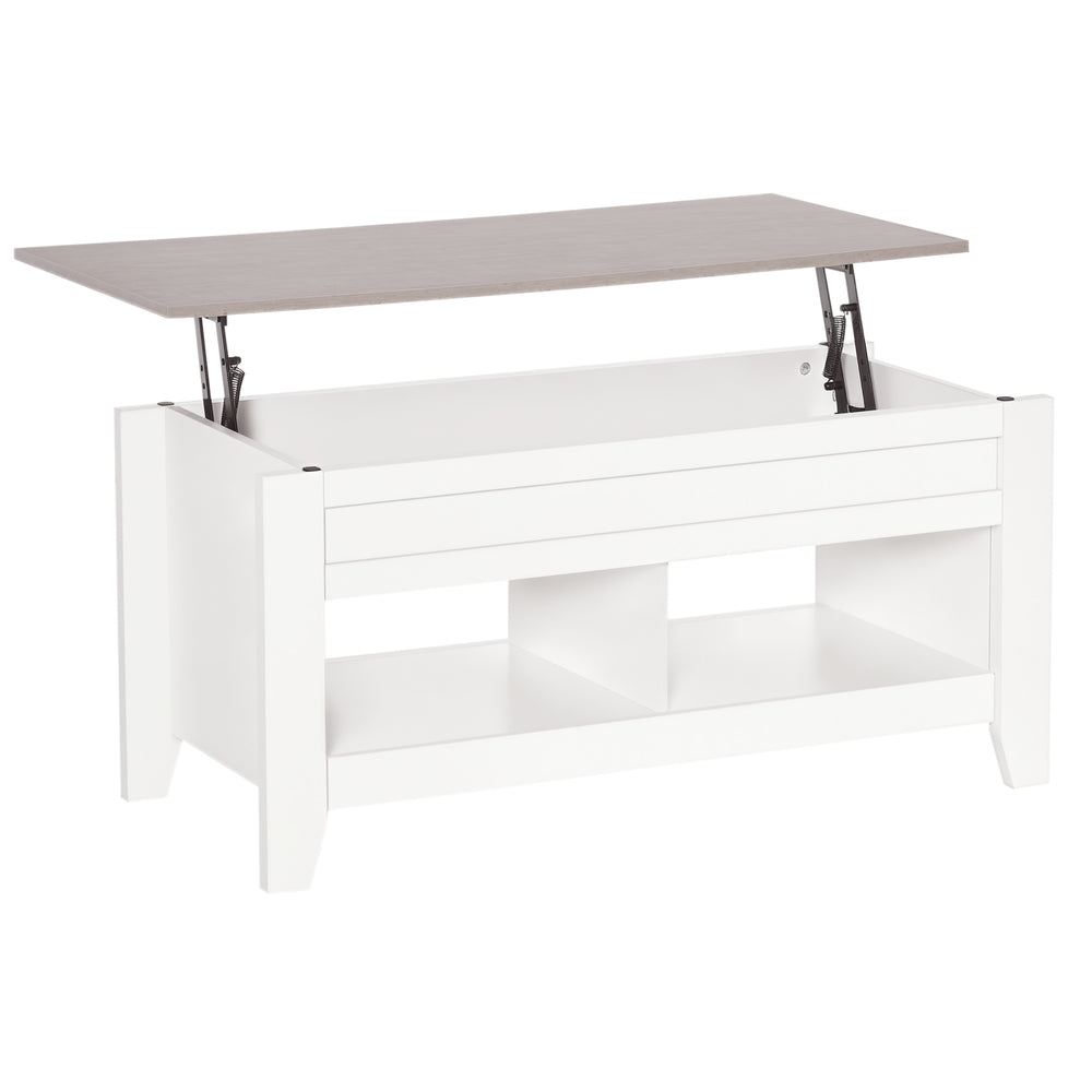 Table basse relevable avec compartiment de rangement dissimulé et étagères ouvertes, blanche