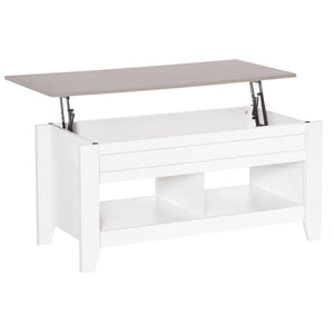 Table basse relevable avec compartiment de rangement dissimulé et étagères ouvertes, blanche