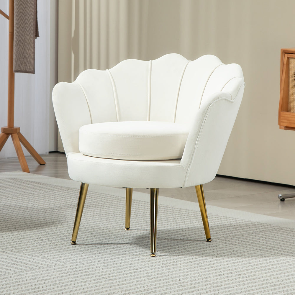 Fauteuil d'appoint lotus en tissu velours avec pieds en métal doré, blanc crème