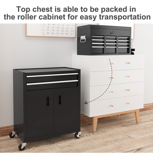 2-in-1 lockable 6-drawer rolling tool chest with hooks, black