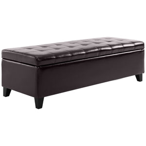 Banc de rangement rembourré brun de 51 po avec coffre intégré – Pouf capitonné en similicuir
