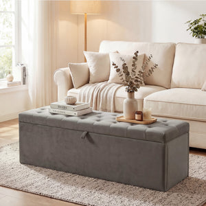 Banc ottoman avec rangement de 141 L, assise capitonnée en velours et couvercle relevable – Gris