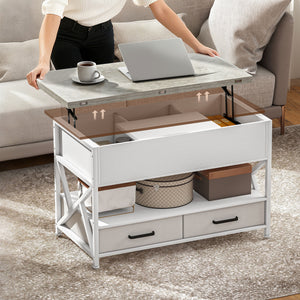 Table basse relevable avec double plateau ajustable, rangement caché et 2 tiroirs – Blanc et gris ciment