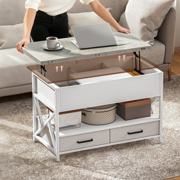 Table basse relevable avec double plateau ajustable, rangement caché et 2 tiroirs – Blanc et gris ciment