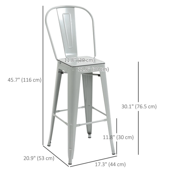 Set of 4 industrial-style metal bar stools, silver grey