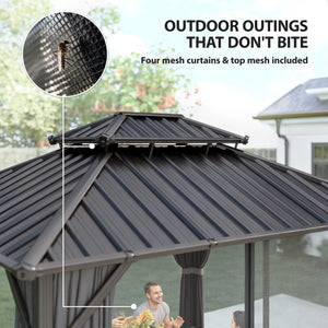 Gazebo avec toit rigide 10 x 12 avec double toit en acier galvanisé, structure en aluminium, gris foncé