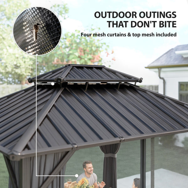 Gazebo avec toit rigide 10 x 12 avec double toit en acier galvanisé, structure en aluminium, gris foncé