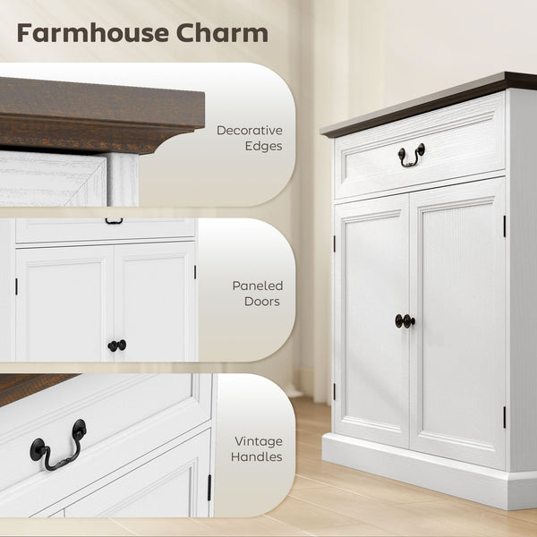 Buffet style ferme, plateau épais, tiroir silencieux et étagère réglable, finition bois blanc.