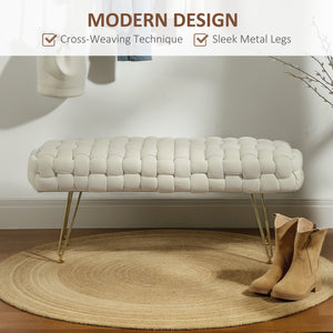 Banc de lit rembourré en velours avec pieds en métal doré, blanc crème