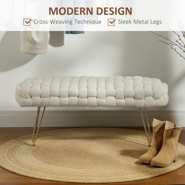 Banc de lit rembourré en velours avec pieds en métal doré, blanc crème