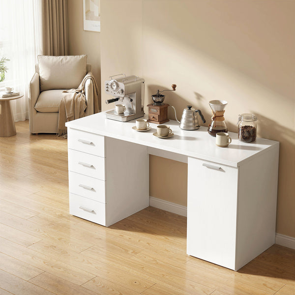 Bureau d'ordinateur avec étagère réglable, tiroirs et armoire, aspect bois blanc.