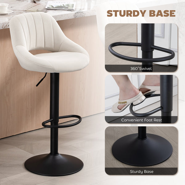 Set of 2 swivel counter-height bar stools with openwork backrest and adjustable height, cream.