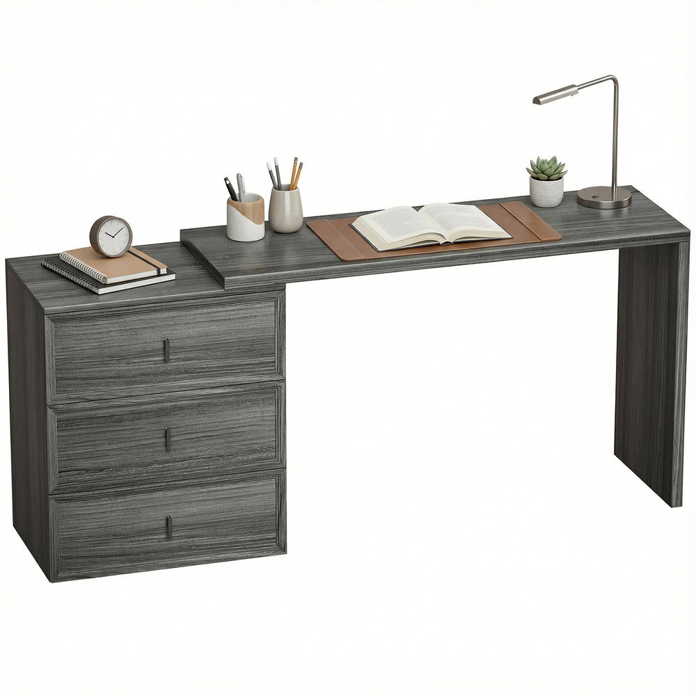 Bureau d’ordinateur convertible droit ou en L avec 3 tiroirs et grand espace de travail – Gris foncé